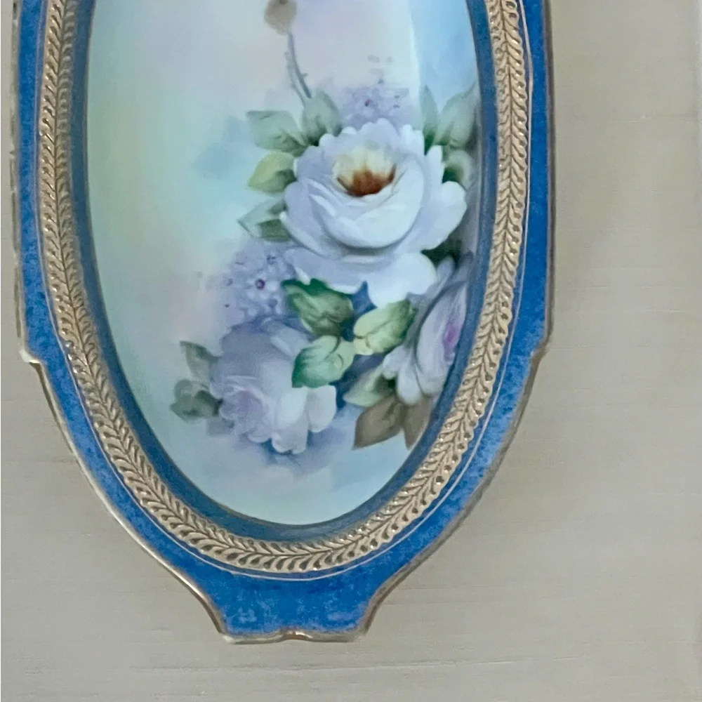 Hand Painted White Roses On Blue Oval Plate Bowl By Creative Frames RARE Vintage